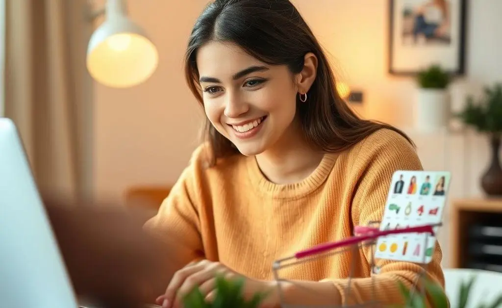 Mia adds items to her online cart, looking satisfied