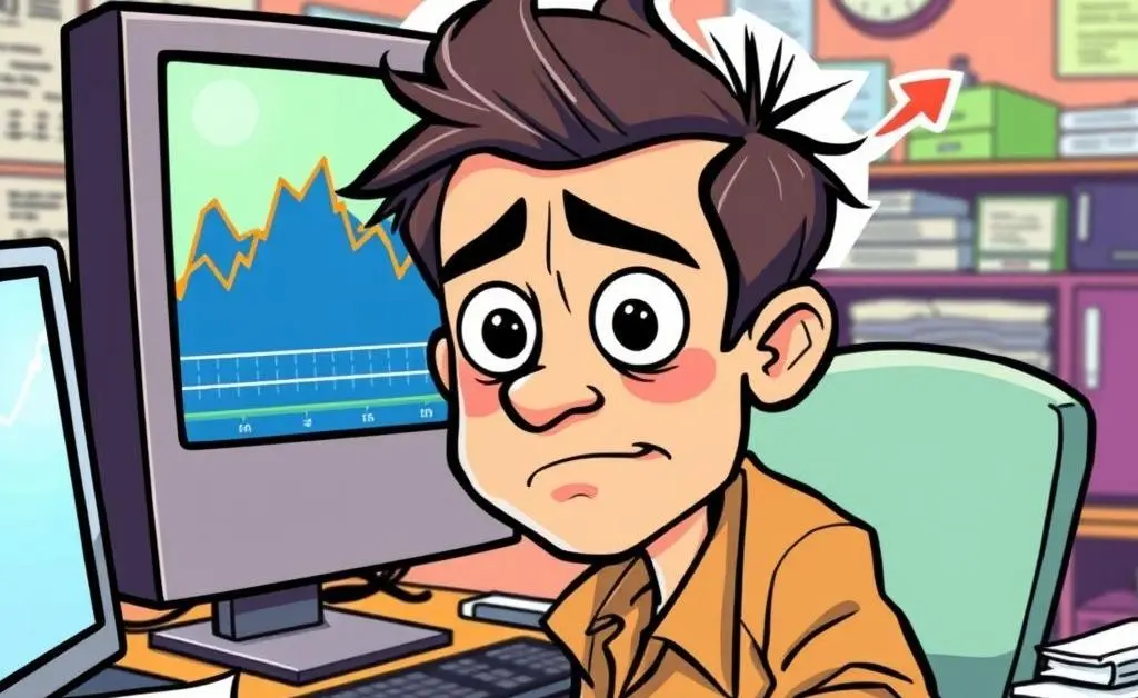 A perplexed Max staring at a messy stock portfolio dashboard