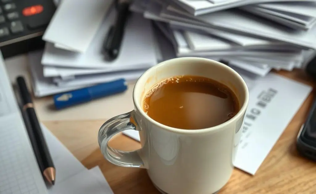 A man at his cluttered work desk, drowning in sticky notes and coffee cups
