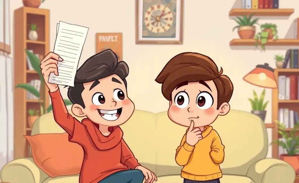 Cartoon couple in the living room, one partner holding a receipt, the other with an exaggerated thinking pose
