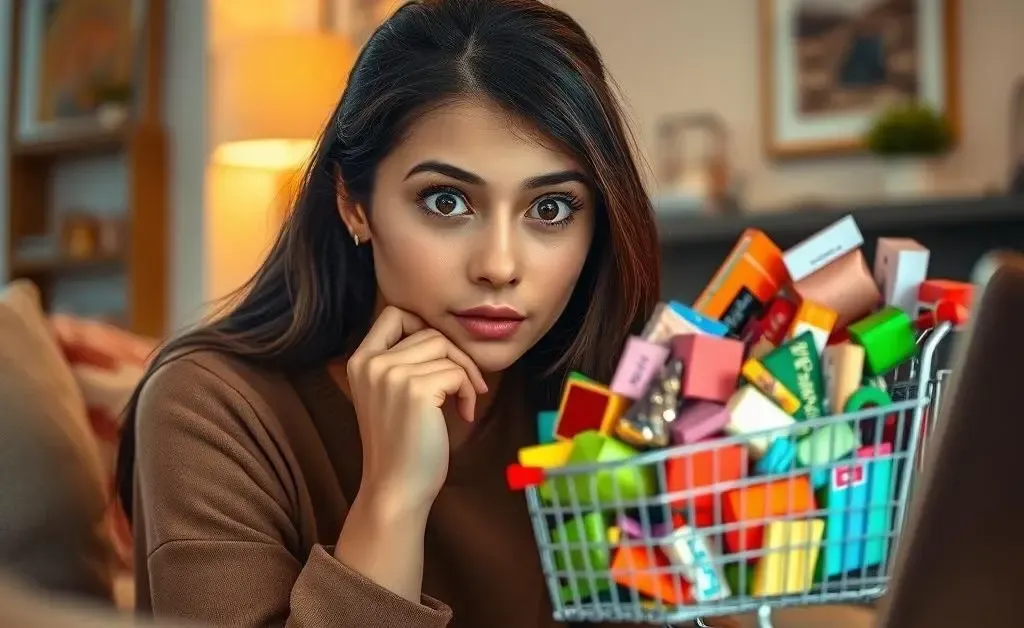 A woman staring at her overflowing online shopping cart