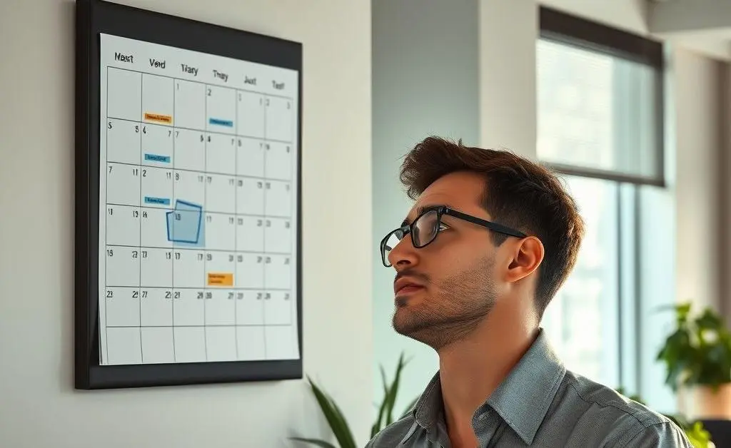 Office worker staring at a calendar with nearly all PTO days gone.