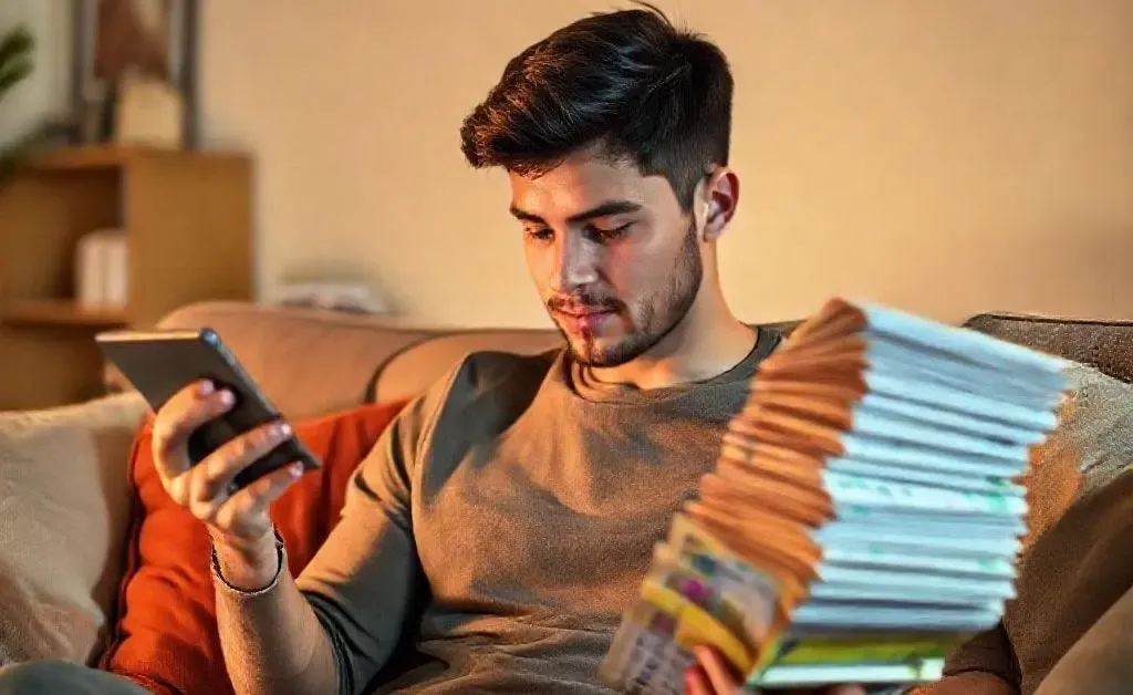 A young man in a cozy living room sitting with a calculator and a stack of bills