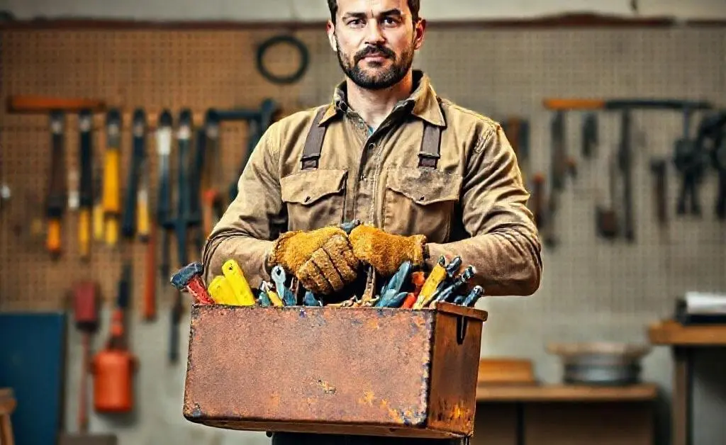 A person confidently holding a toolbox, ready to fix a wall