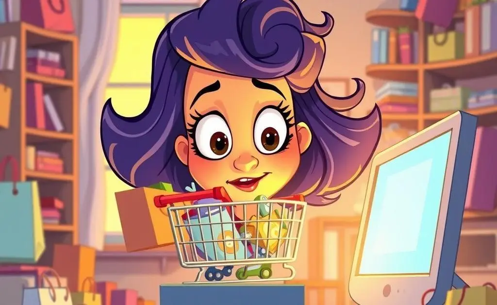 A woman staring at her overflowing online shopping cart