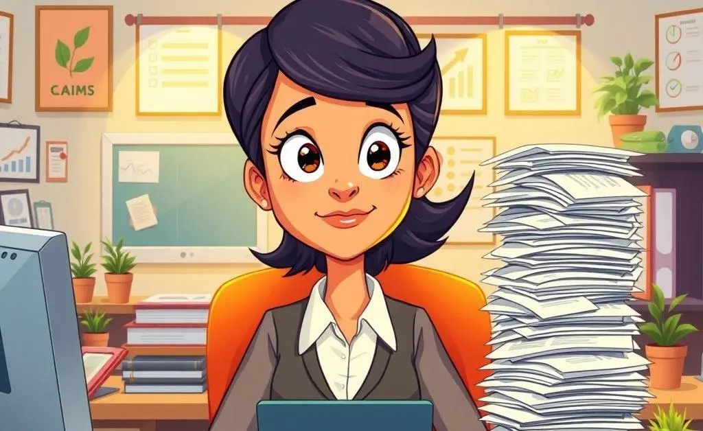 A cartoon woman in an office staring at a tower of claims paperwork on her desk.