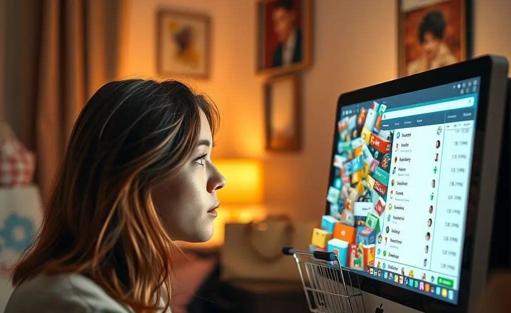 A young woman staring at her overflowing online shopping cart list on a computer screen