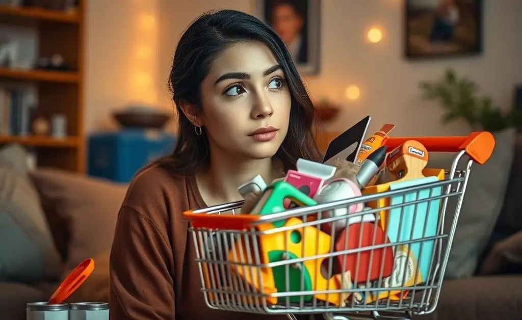 A woman staring at her overflowing online shopping cart