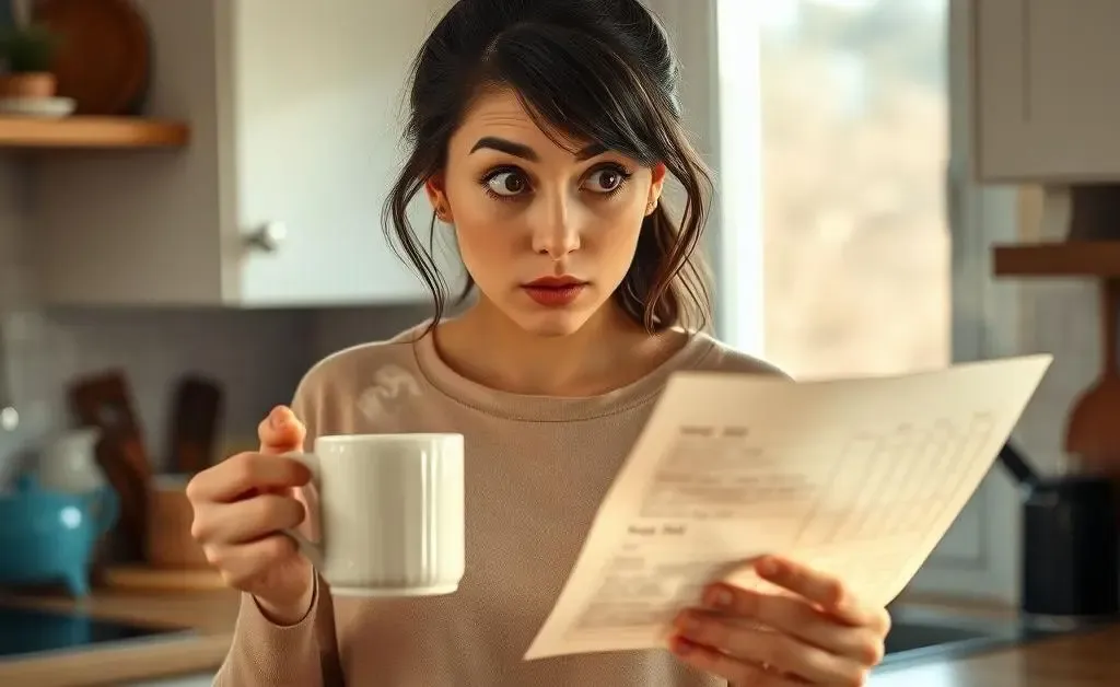 Mia looking surprised at her bank statement with a cup of coffee in hand