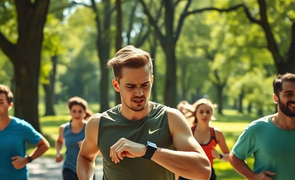 Jake jogging with friends while checking his phone calendar, looking slightly anxious.