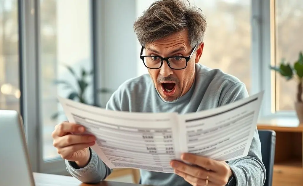 A man reviewing his bank statement with a shocked expression