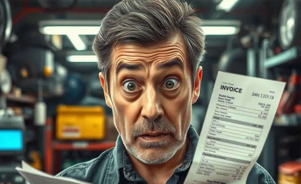 A man looking shocked at an unexpected car repair bill