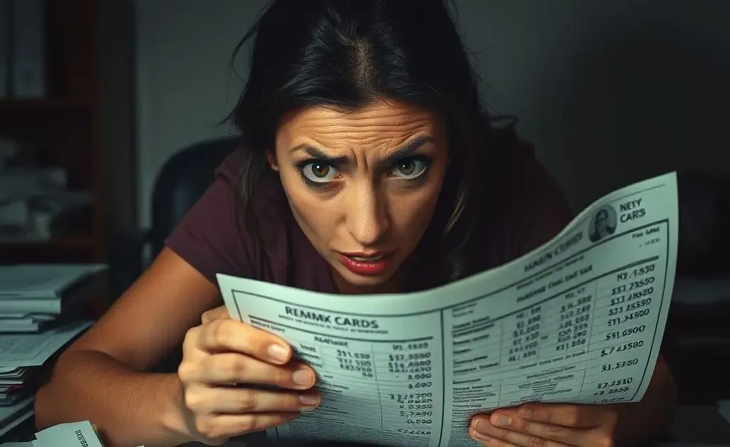 The same woman, now panicked, staring at her maxed-out credit card statement