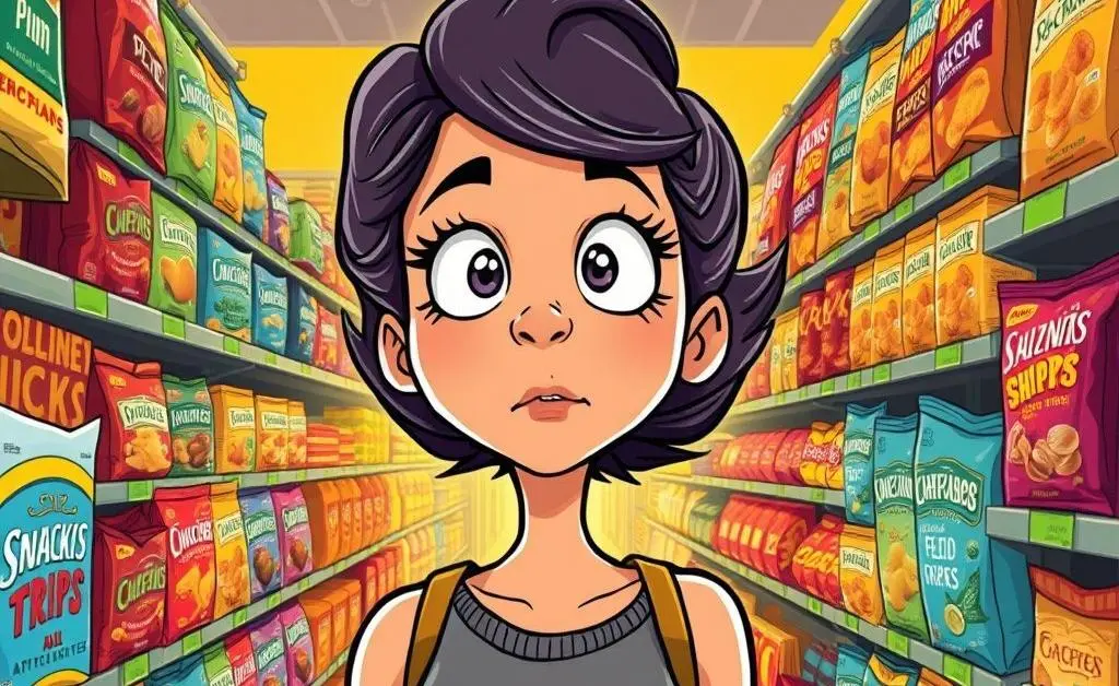 The woman is distracted by a promotional aisle filled with gourmet snacks