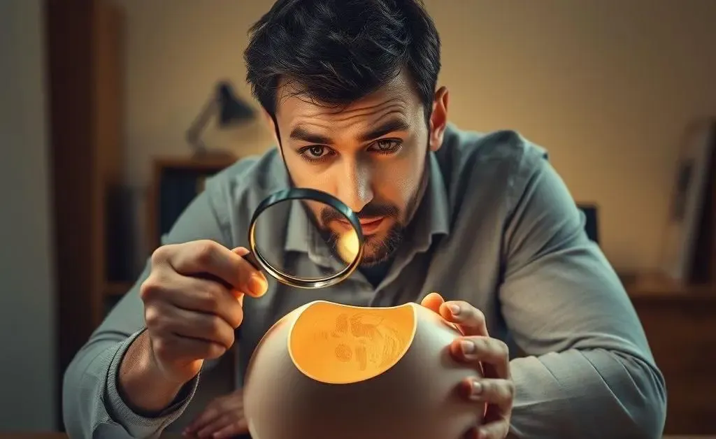A man studying his empty piggy bank with a magnifying glass