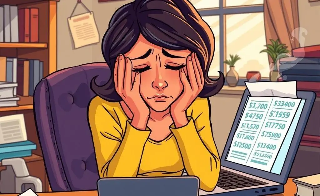 Cartoon of a woman sitting with head in hands beside a laptop displaying bills