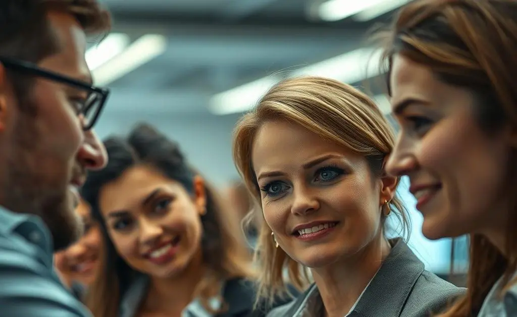 Close-up of coworkers with forced smiles and awkward expressions as they listen to the story