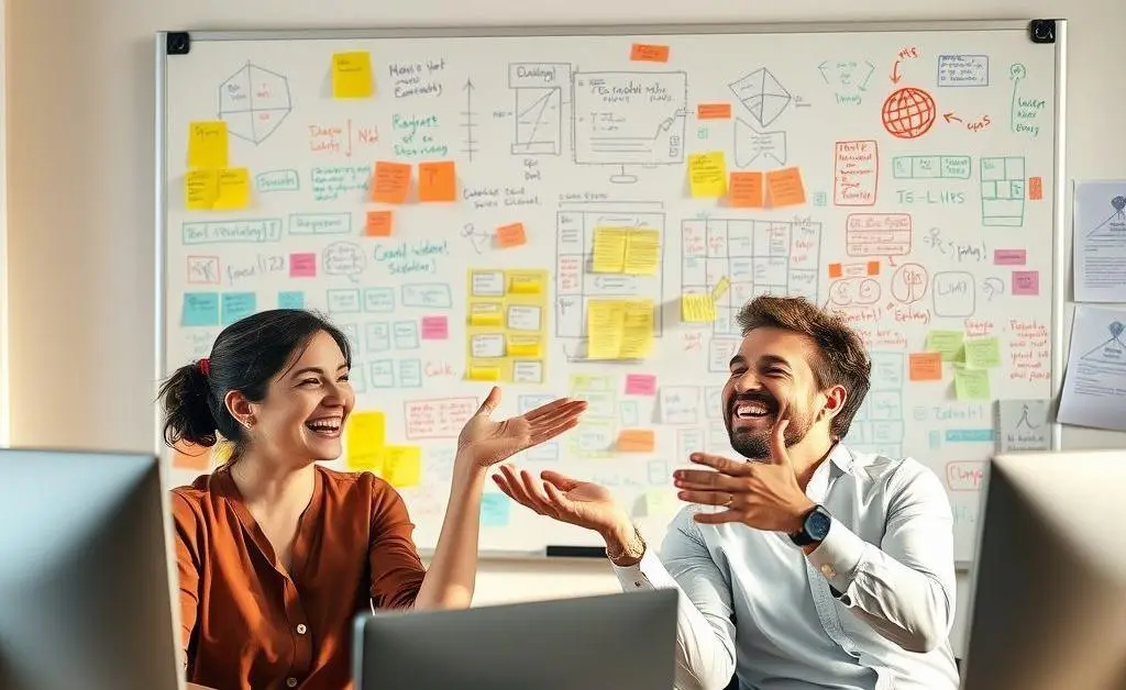 Two coworkers laughing at their desks as they gesture towards a chaotic whiteboard