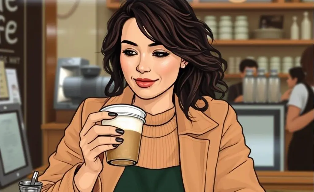 Mia in a coffee shop, justifying her expensive latte as a necessary morning boost.