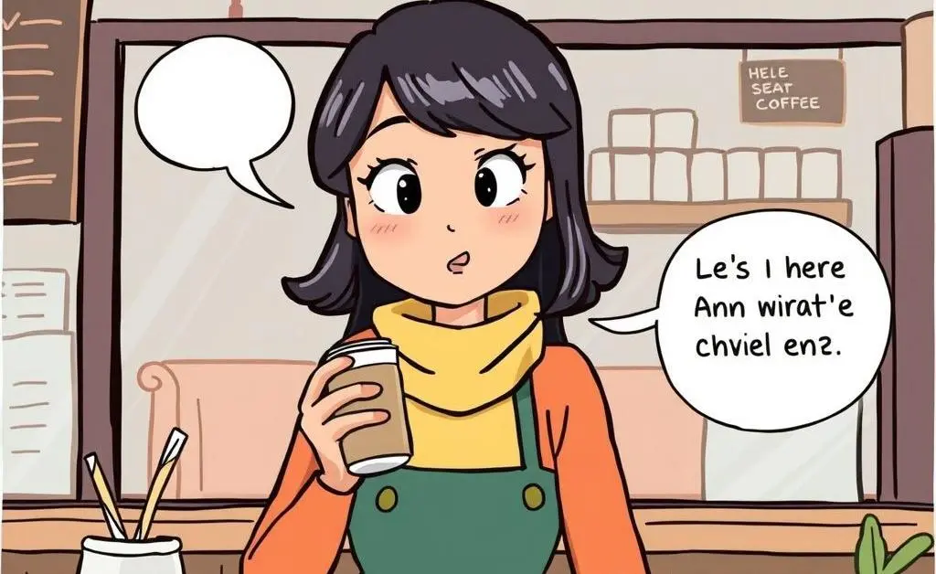 Mia at a coffee shop trying to buy a fancy latte