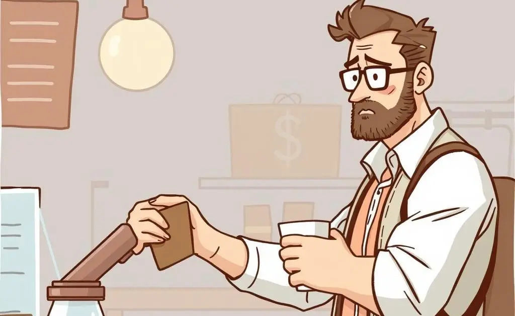 The man buying coffee, his budget planner character looking disapproving