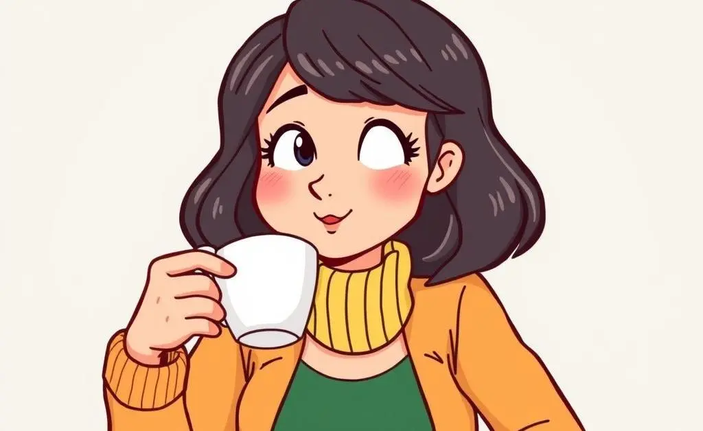 A cartoon of Mia smugly sipping coffee, believing her spending is controlled