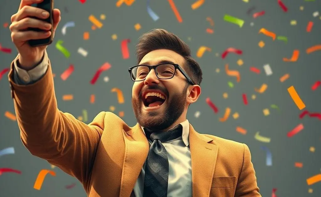 The same investor triumphantly buying stocks on his phone, surrounded by confetti and celebratory music