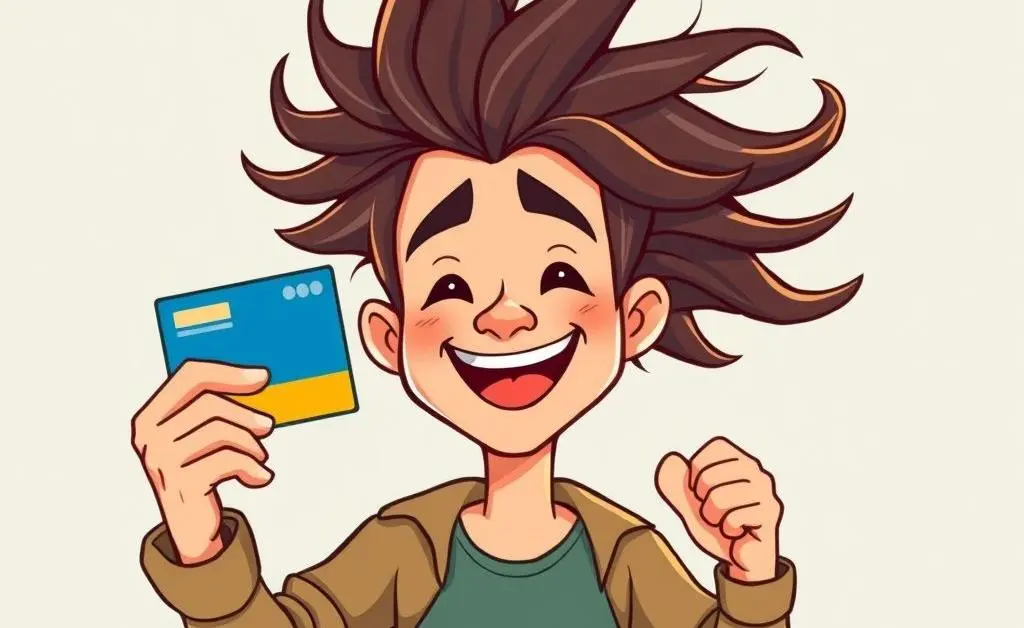 A cartoon man with wildly flowing hair holding a credit card triumphantly