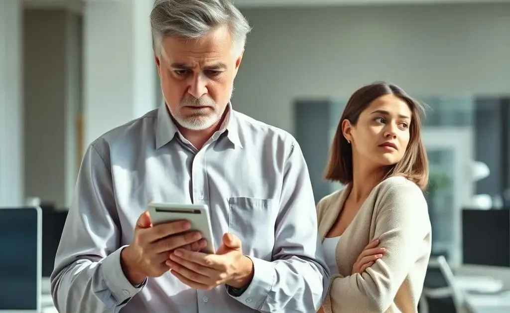 A man holding a calculator with concern while Mia ignores him