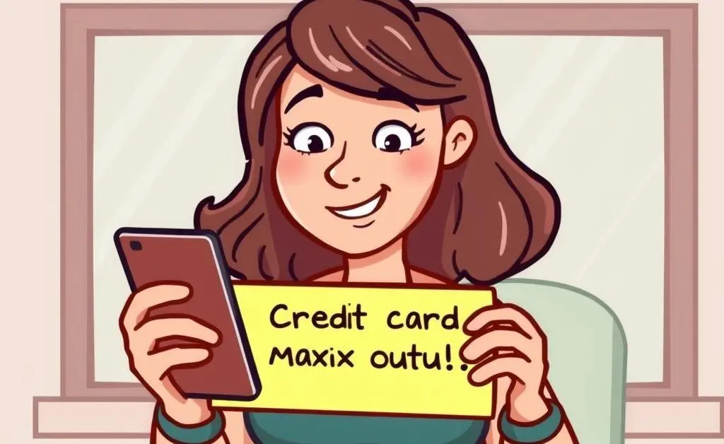 Cartoon-style image of Sarah getting a notification that her credit card is maxed out.