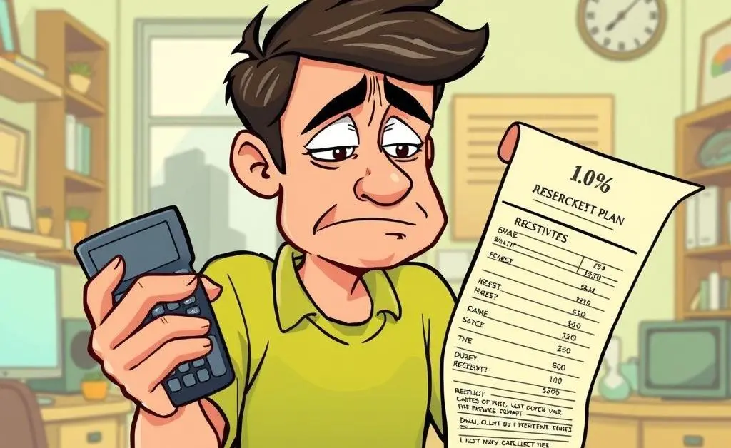 A cartoon man with a calculator and a long paper receipt frowning at a tight budget plan