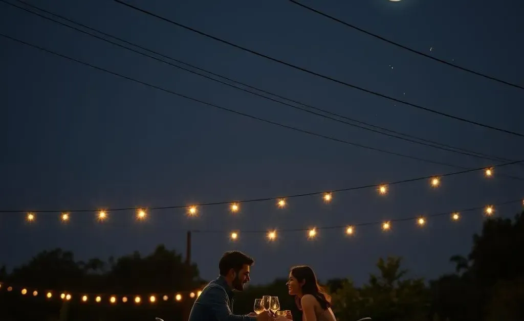 The couple having a romantic dinner outside, but power lines shadow over them, causing sparks above.