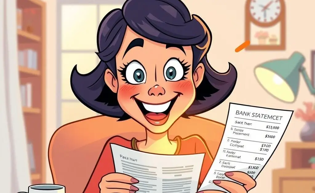 The woman's facial expression changing as she reviews her bank statement