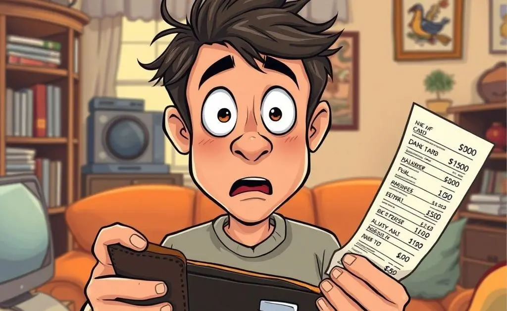 A cartoon man with an empty wallet looking at his credit card receipts in shock