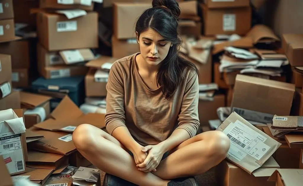 Woman surrounded by many boxes