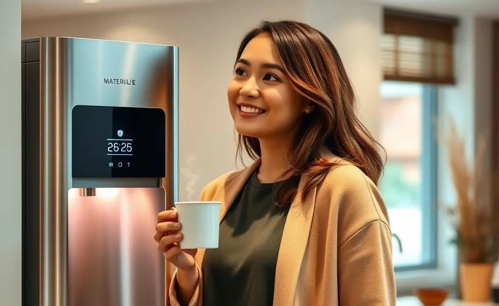 Mia holds a cup of coffee next to an office dispenser with a satisfied expression