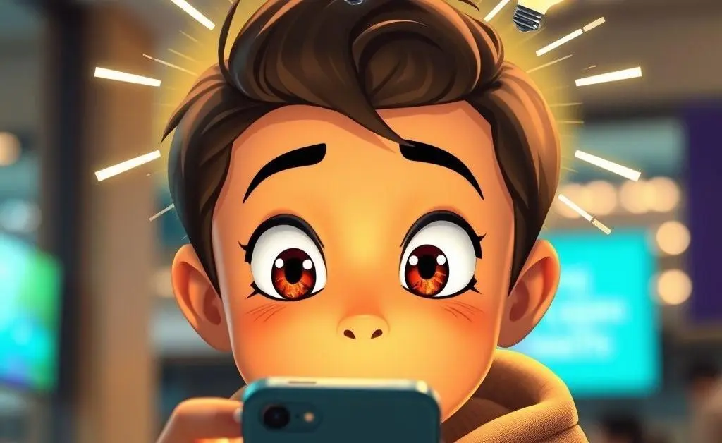 Character's eyes wide with fascination as they learn about cashback apps on their phone