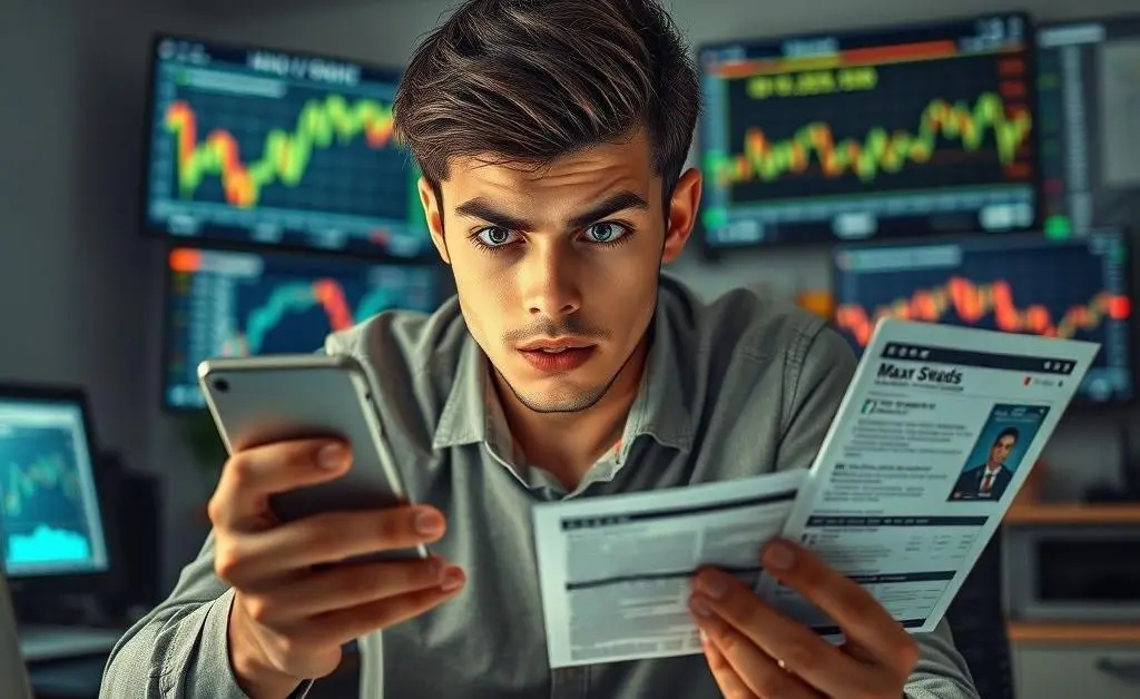 Max, frantically clicking through stock news on his smartphone, looking more confused