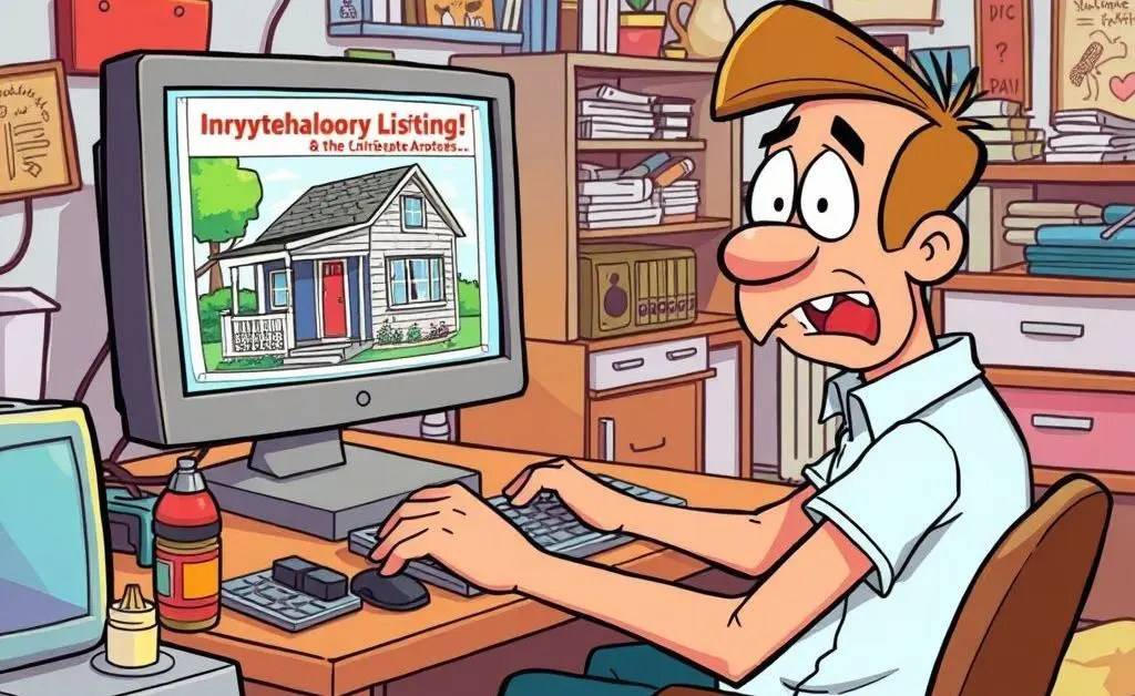 A cartoon style image of Tom looking at photos of a suspiciously cheap property on his computer screen