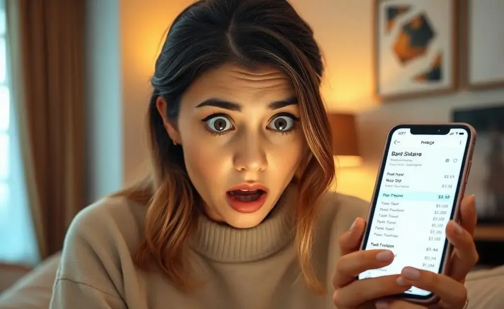 Mia shocked looking at her scrolling bank statement