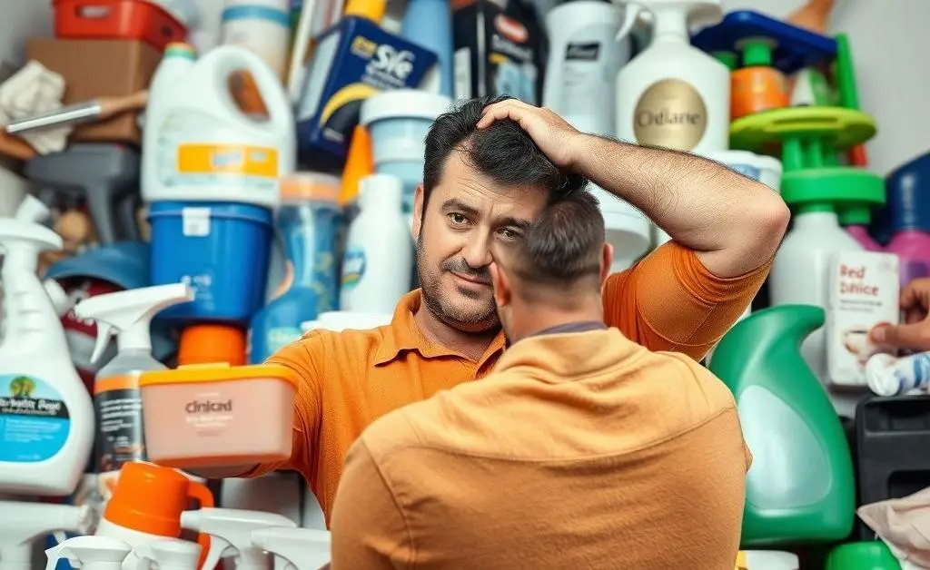 A man inspecting a mountain of household products and scratching his head