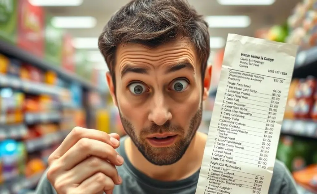 A husband looking shocked at a long grocery receipt