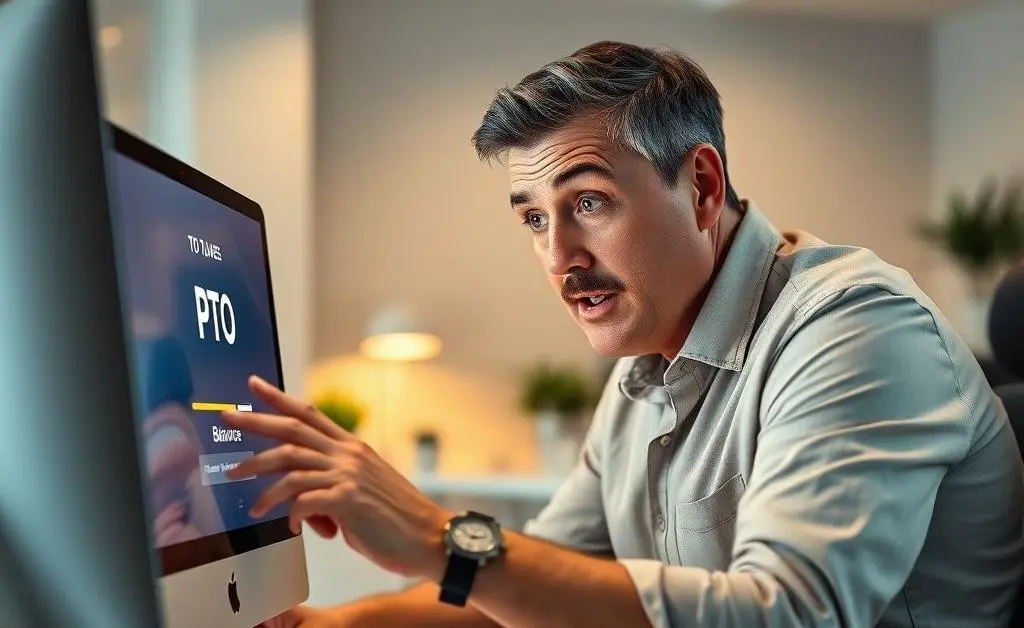 The same man checking his PTO balance on a computer, looking shocked
