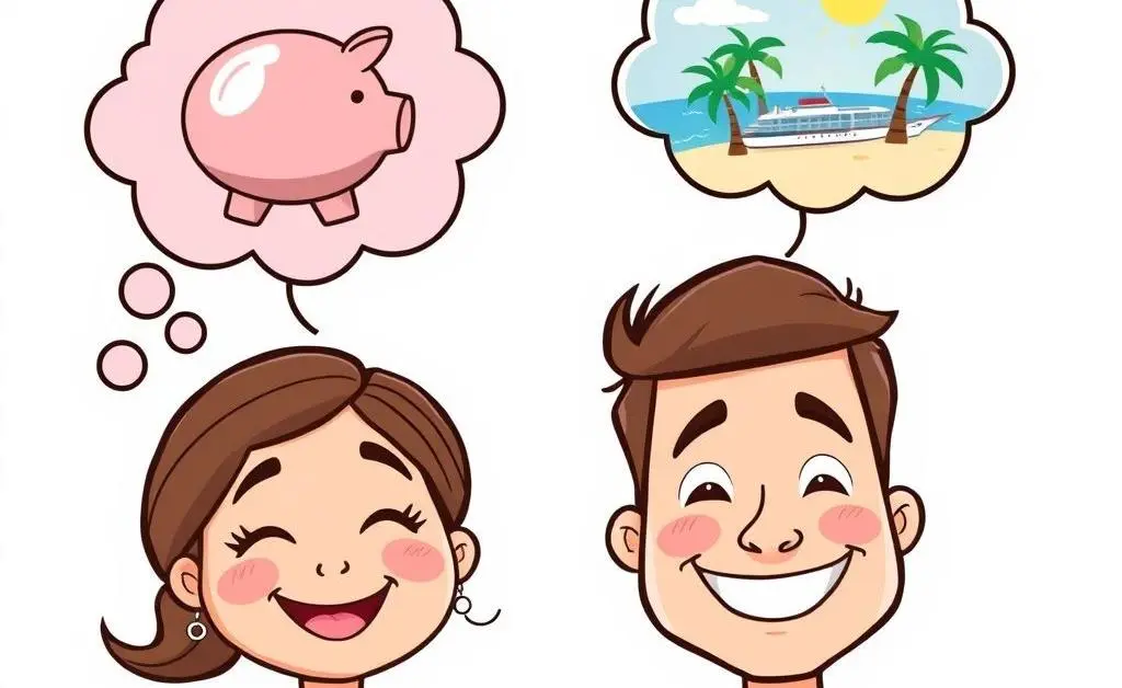 Cartoon couple each with thought bubbles. One bubble with a piggy bank, the other with a vacation abroad