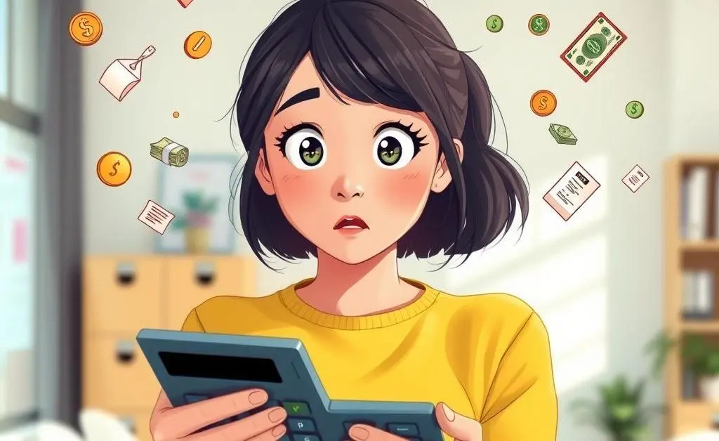 Mia holding a calculator with eyes wide open, imagined tiny expenses flying around her head