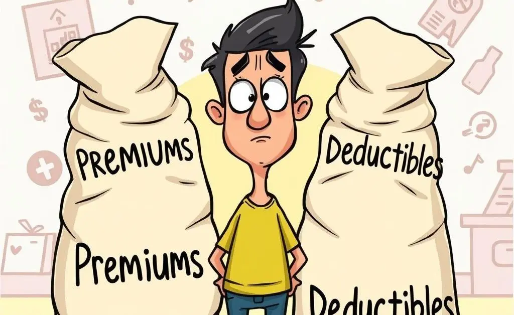 Cartoon showing a person weighing two heavy bags labeled 'Premiums' and 'Deductibles', looking puzzled