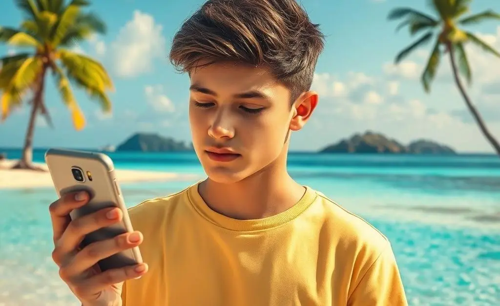 Alex daydreaming of a tropical beach while holding a phone.