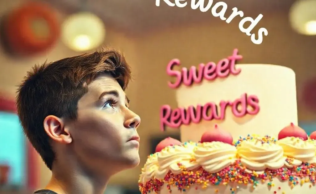 The young man daydreams of a massive cake saying 'Sweet Rewards'