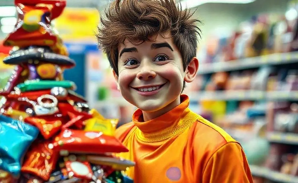 Close-up of Max brightly dressed, standing at a store checkout with a small mountain of impulse buys.