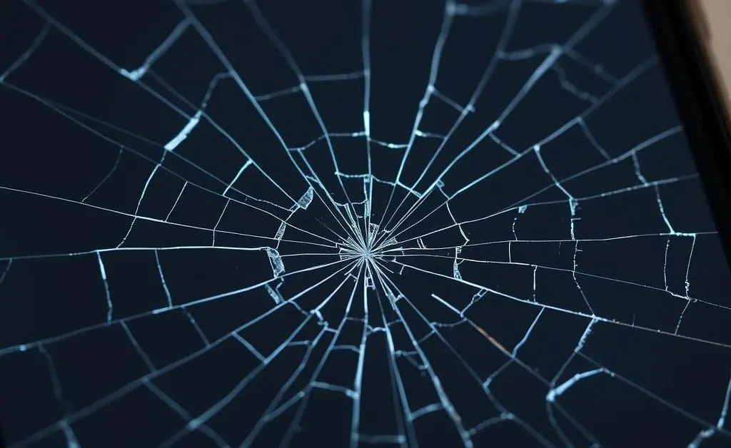 Person squinting at a phone screen while kneeling beside a cracked wall